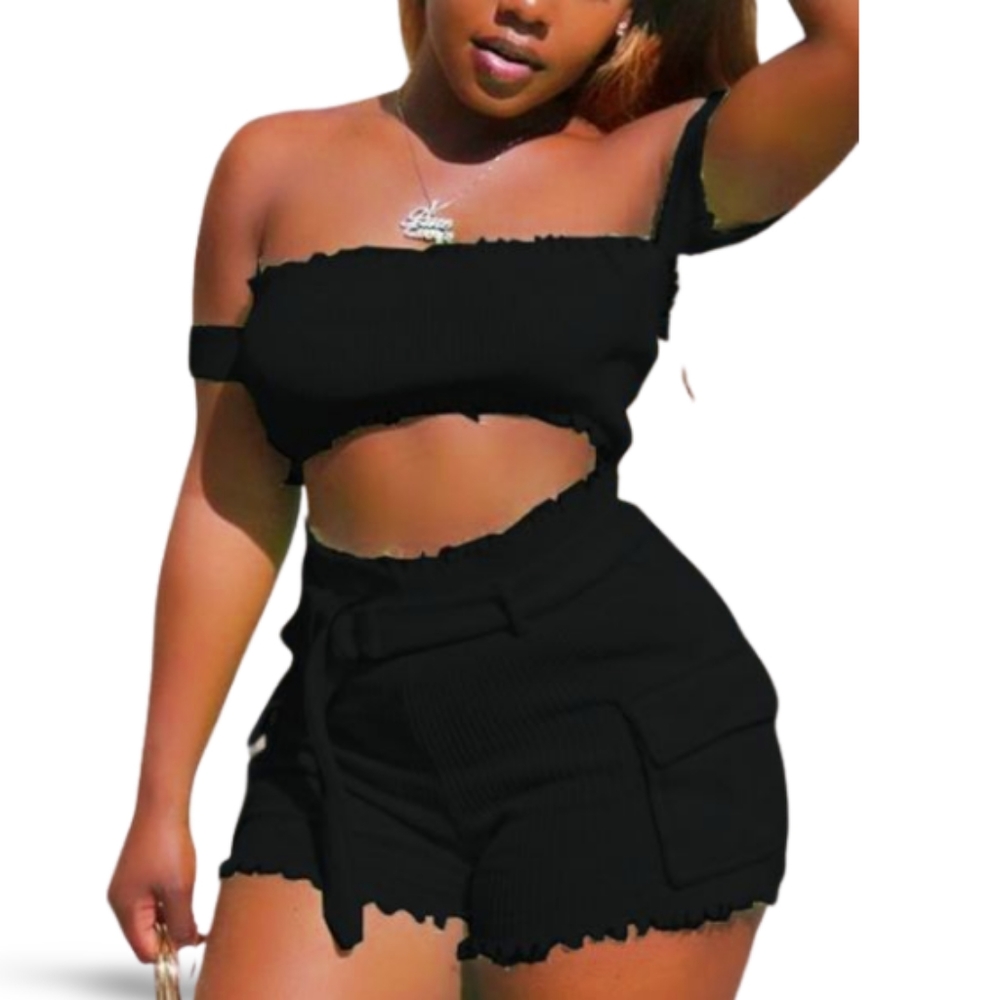 Marysol.Boutique Shorts Set Ribbed Off Shoulder Women's